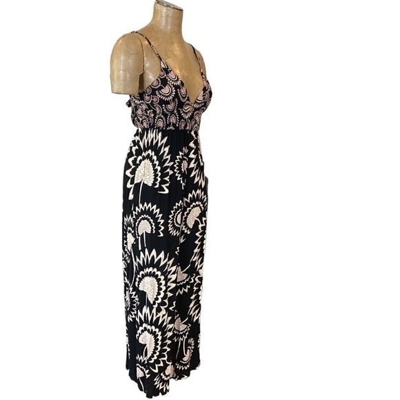 Angie BOHO Floral Wide Leg Jumpsuit Cutout Back Tie Sz M Black Multicolor 143S - Picture 2 of 6